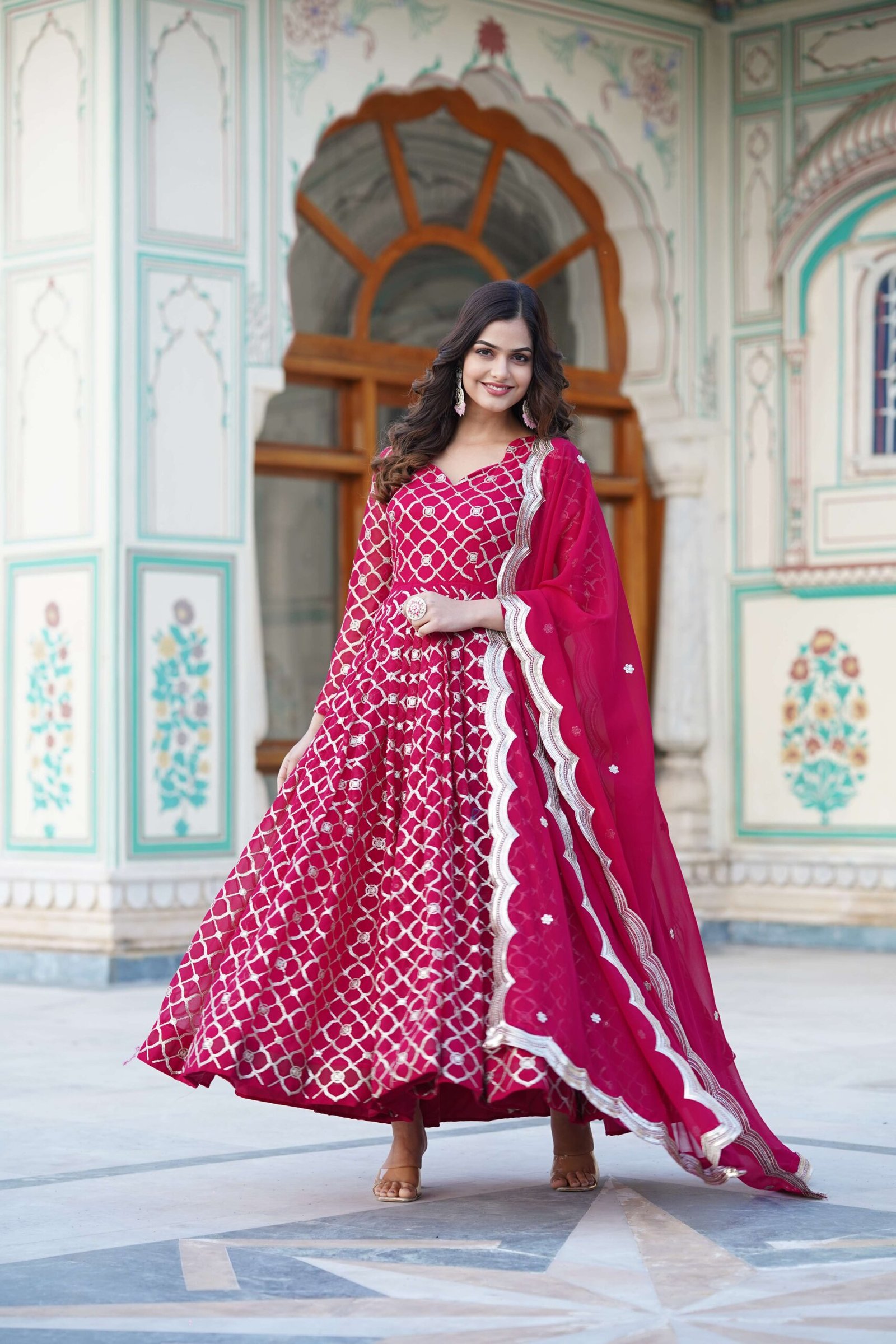 Pink Faux Blooming Designer Gown with Sequined Dupatta ? Elegant Fully Flared Party & Wedding Set - Image 4
