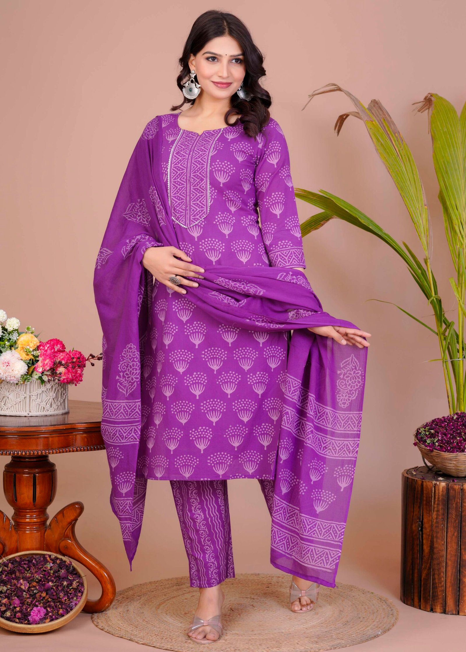 Women's Violet Cotton Printed Straight Kurti with Pant & Dupatta Set - Image 2