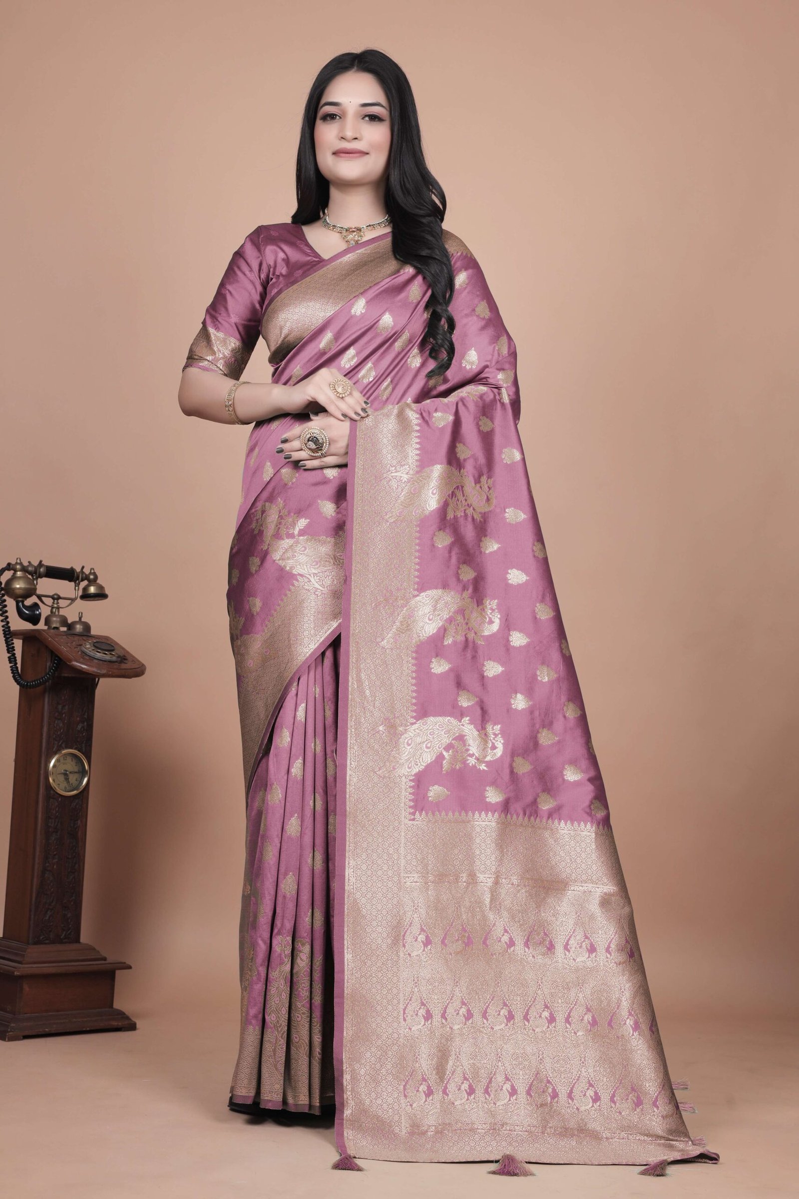 Mauve Purple Banarasi Silk Saree with Golden Zari & Peacock Motifs | Wedding, Festive & Traditional Designer Saree