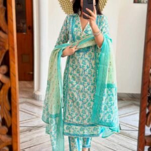 Women's Cotton Floral Printed Anazrkali Kurti with Pant & Dupatta Set