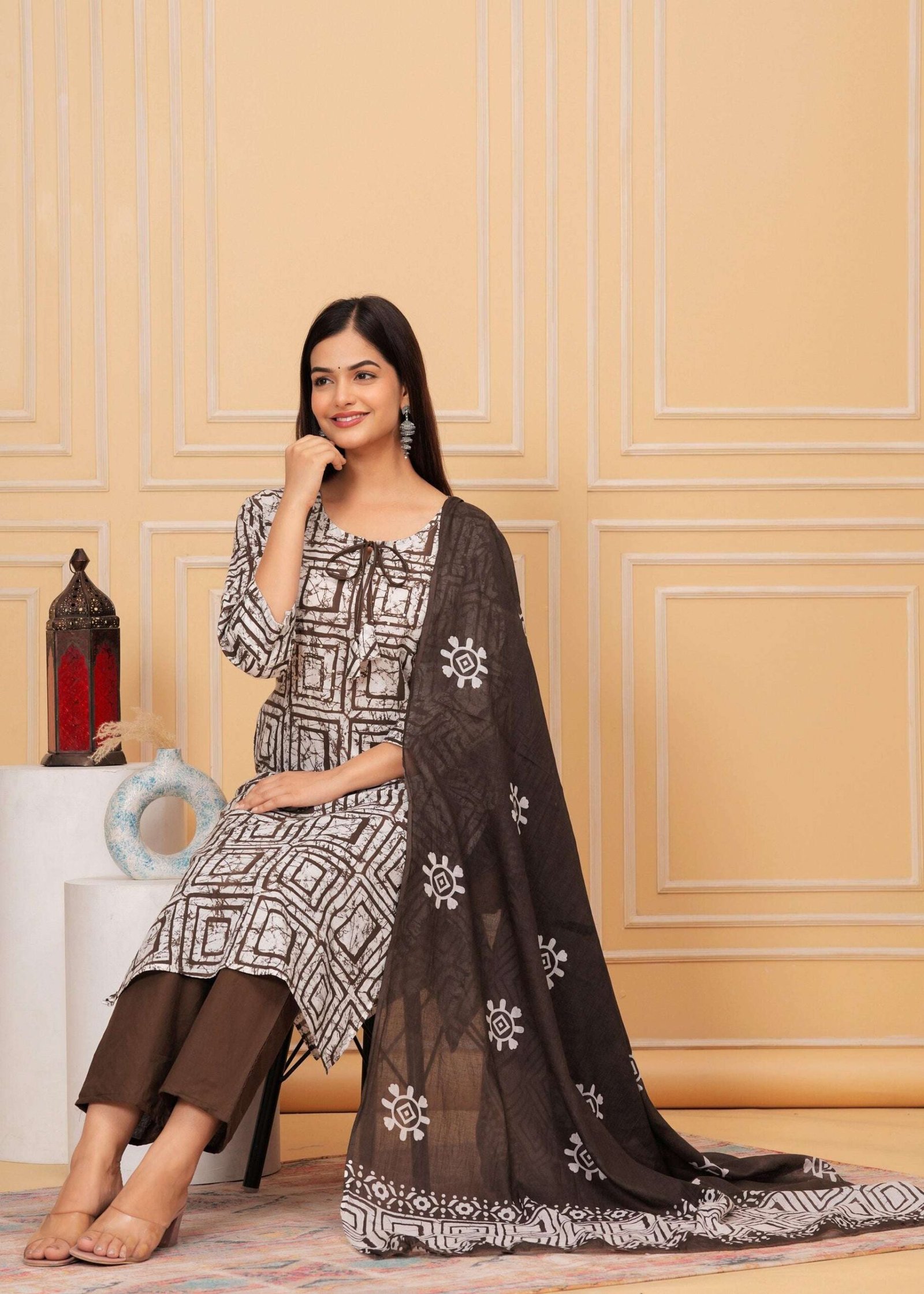 Women's Cotton Hand Block Printed Straight Kurti with Pant and Printed Dupatta - Image 3