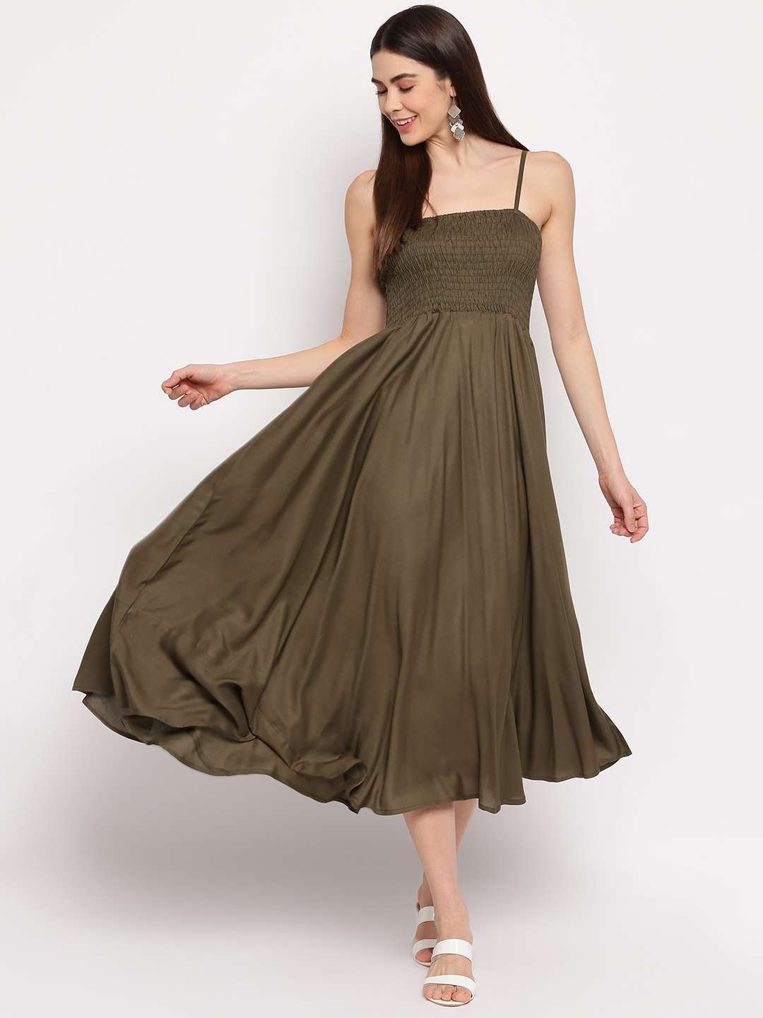 Women's Viscose Rayon Solid Shoulder Straps Sleeveless Flared Gown Drees (Olive Green) - Image 5