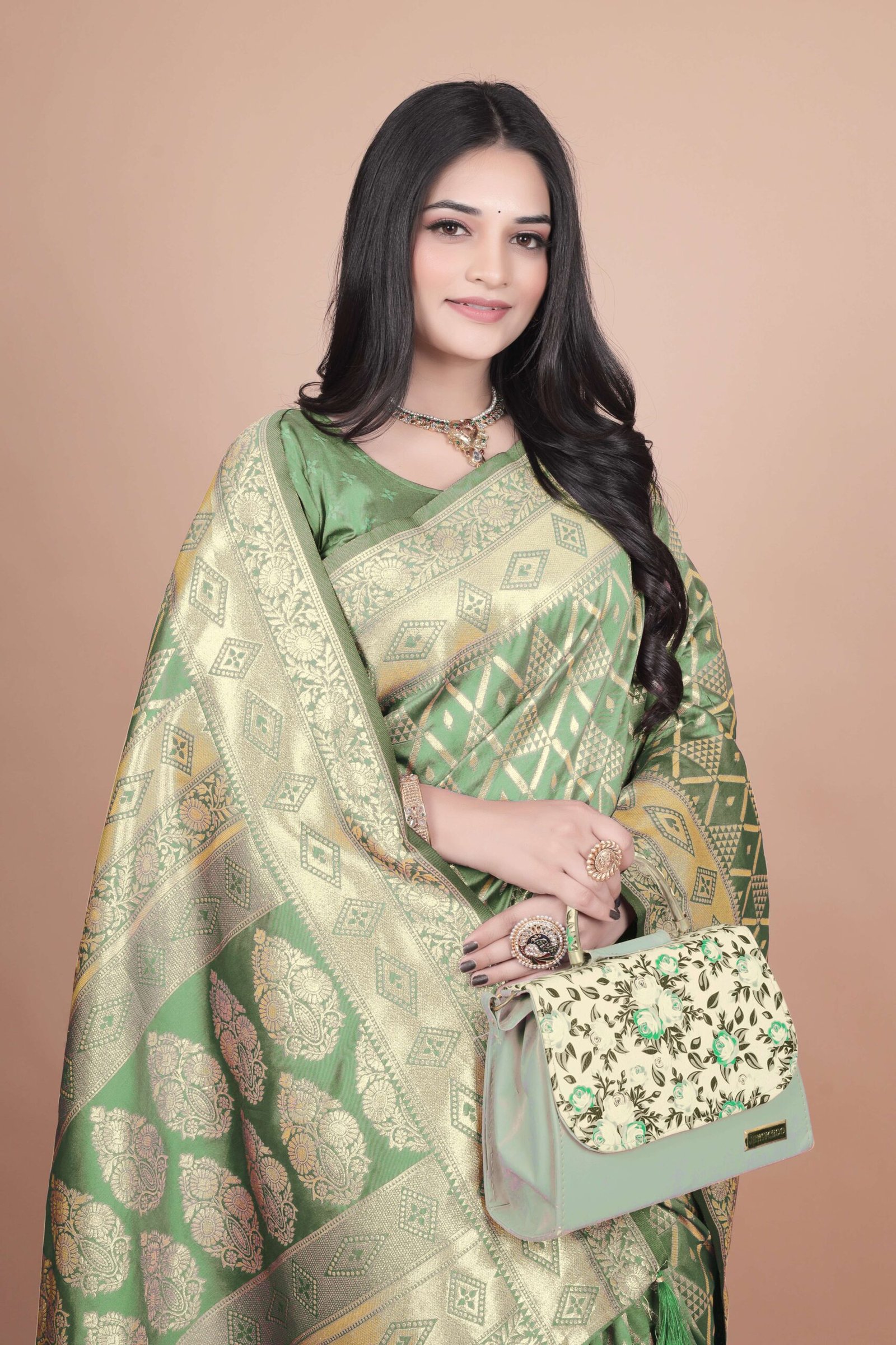 Emerald Green Banarasi Silk Saree with Silver Zari | Geometric & Floral Design | Wedding, Festive & Traditional Wear - Image 5