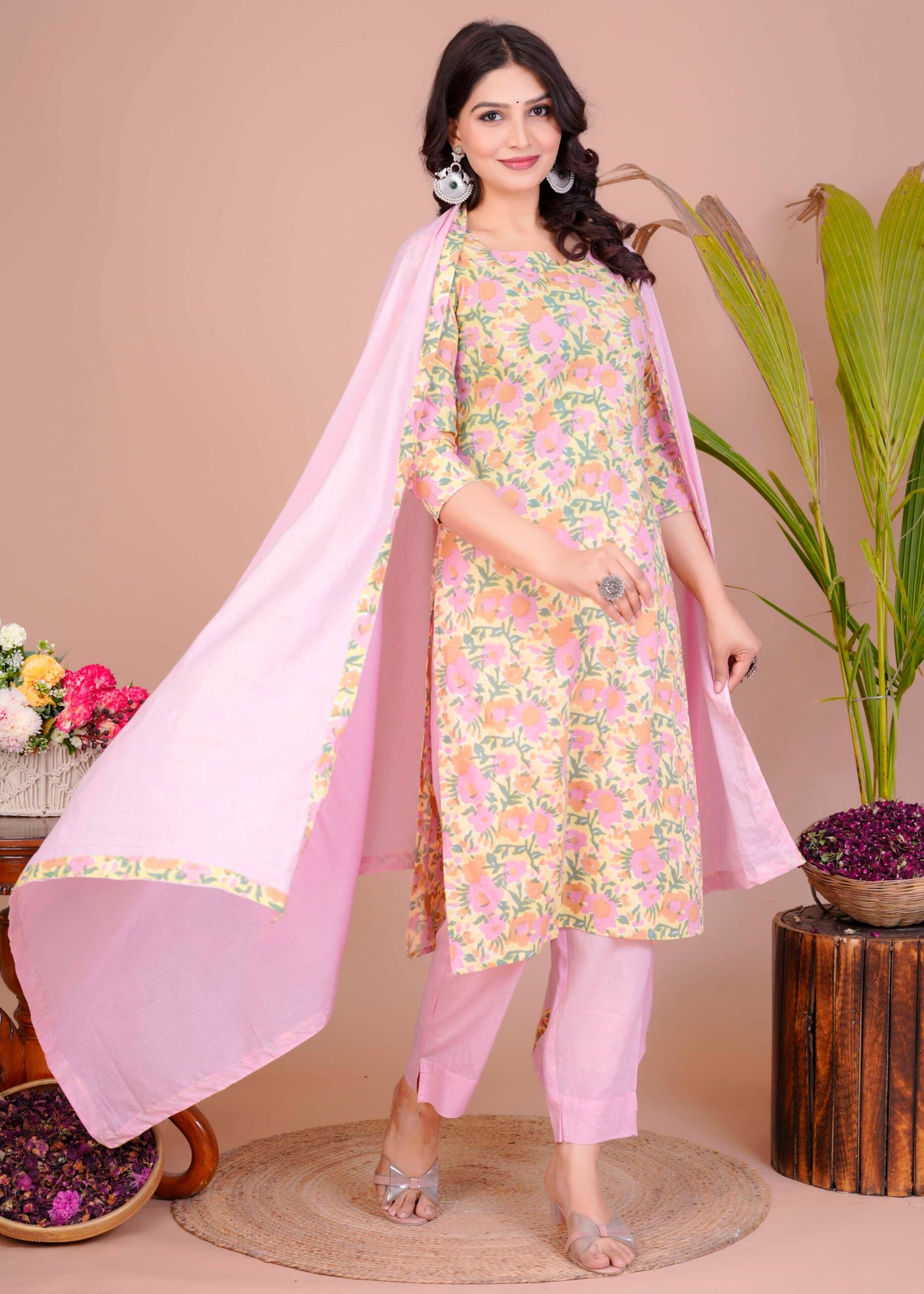 Women's Pink Cotton Printed Straight Kurti with Pant & Dupatta Set - Image 3