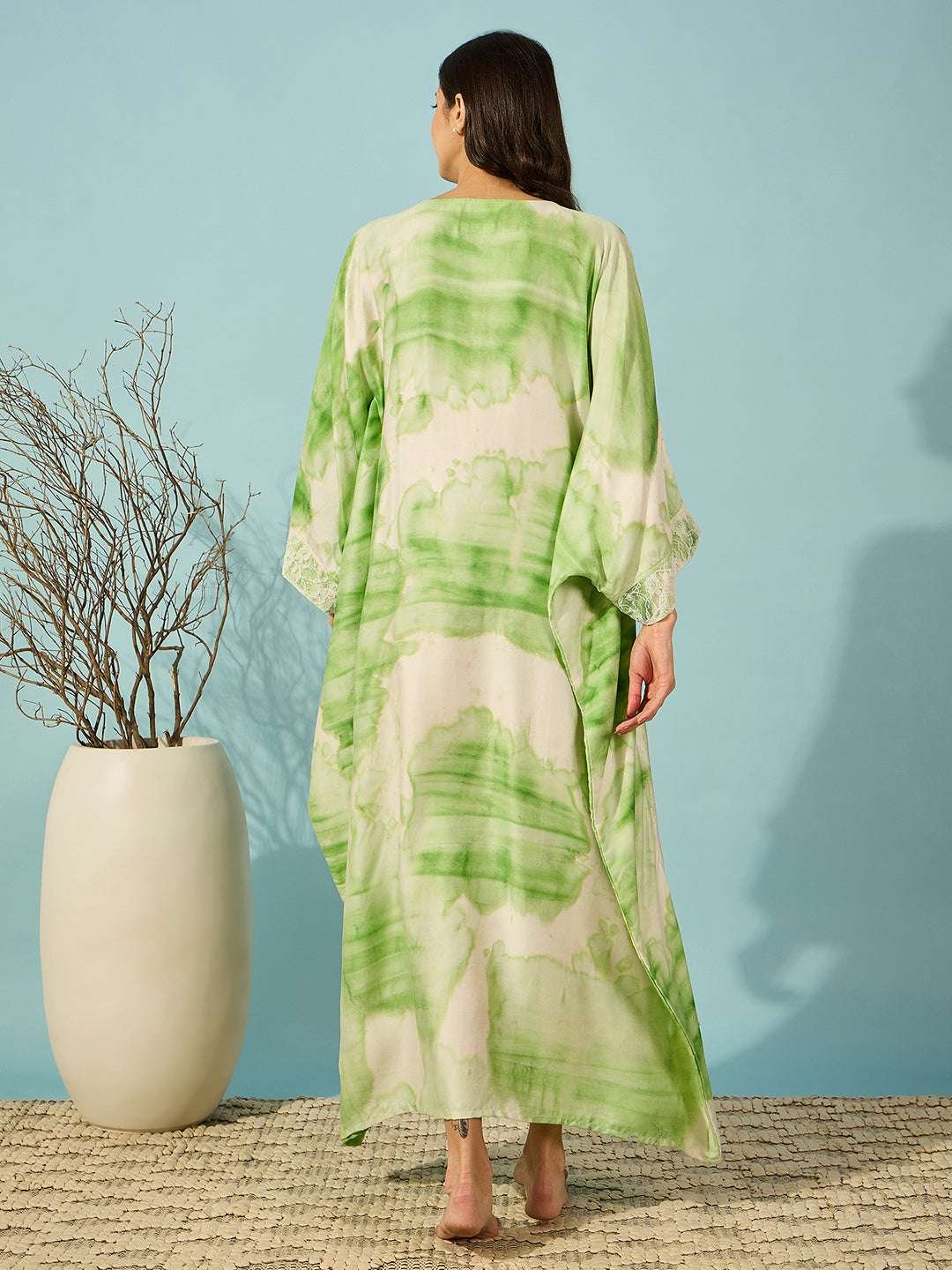 Women's Cotton Tie Dye Print Lace Trim, V-Neck, Full Length, Beach Casual Wear, Spring Collection Kaftan ( Green White ) - Image 5