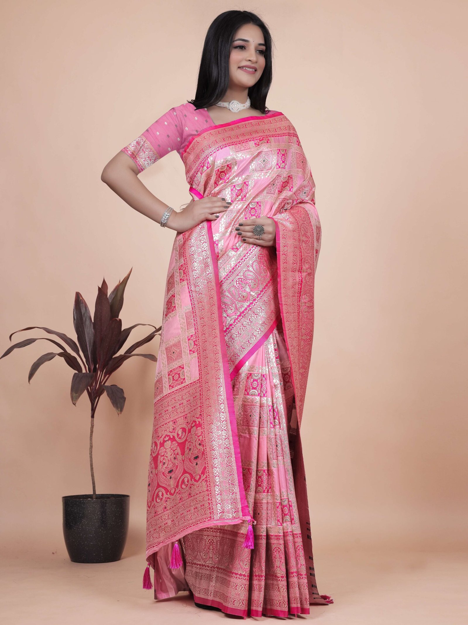 Baby Pink Banarasi Silk Saree with Silver Zari Weaving | Wedding & Festive Wear | Elegant Traditional Designer Saree - Image 4