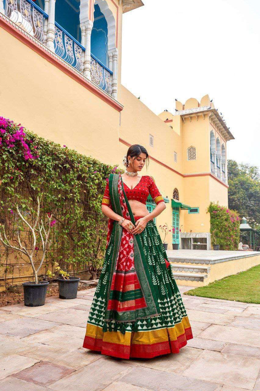 Green Dola Silk Lehenga Choli with Red Blouse | Patola Print & Foil Work | Wedding & Festive Wear