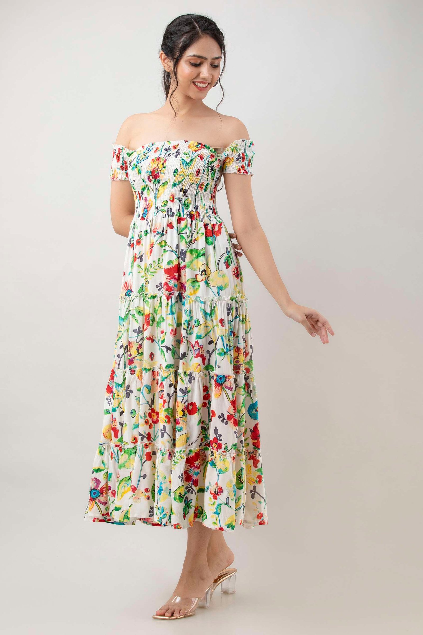 Women's Viscos Rayon Printed Off Shoulder Midi Dress For Summer And Casual Wear (White Floral)