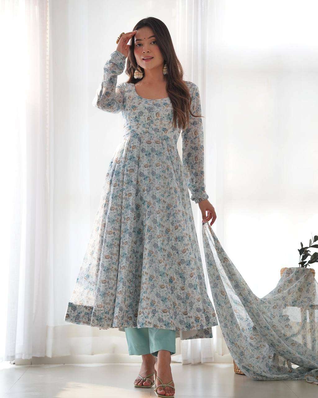 Womens Crunchy Silk Anarkali Kurti with Pant & Dupatta Set - Image 3