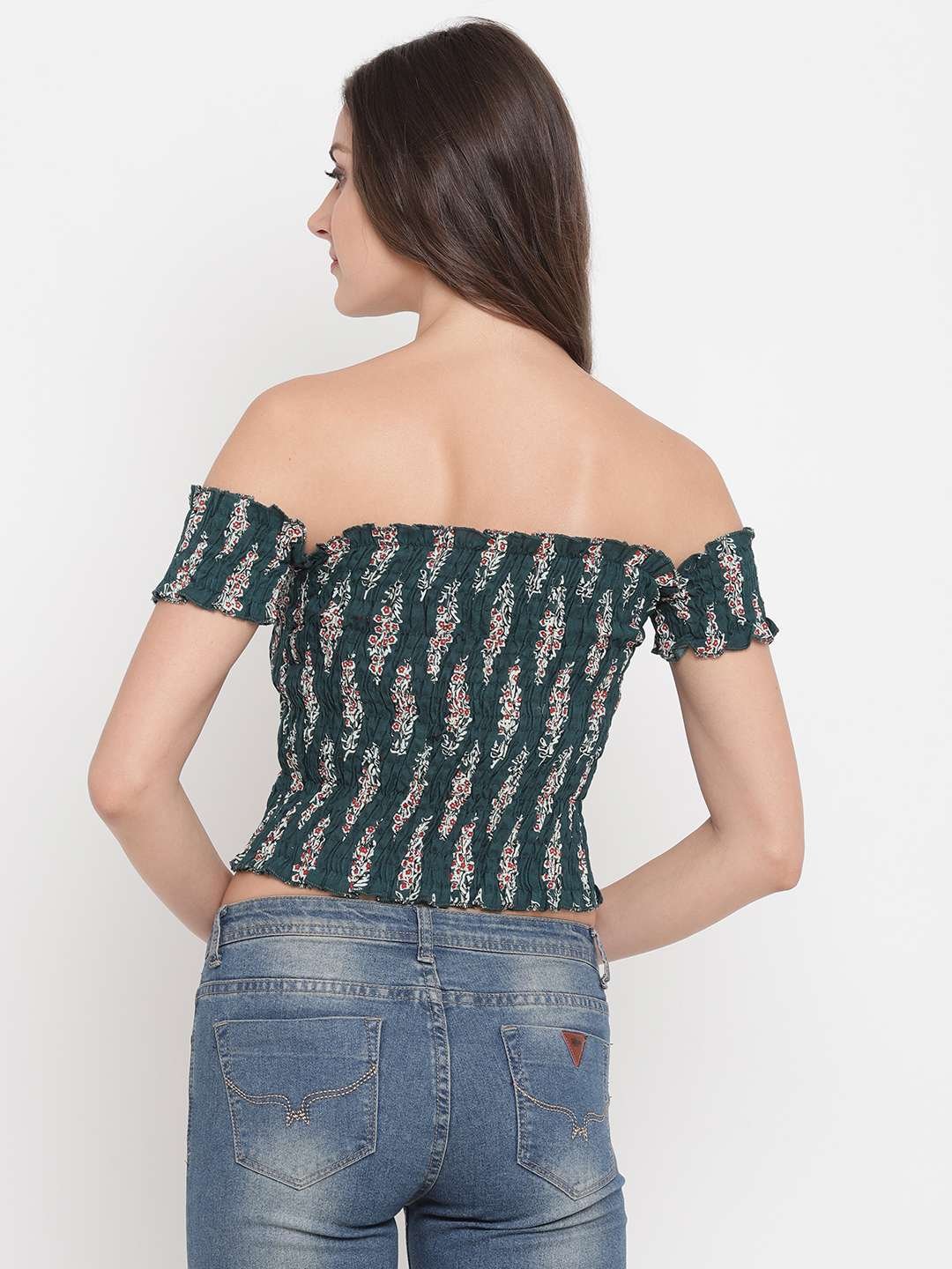 Women's Rayon Printed Off-Shoulder Smocked Crop Top Short Sleeve Casual Styles Tank Top (FREE SIZE) Multi37