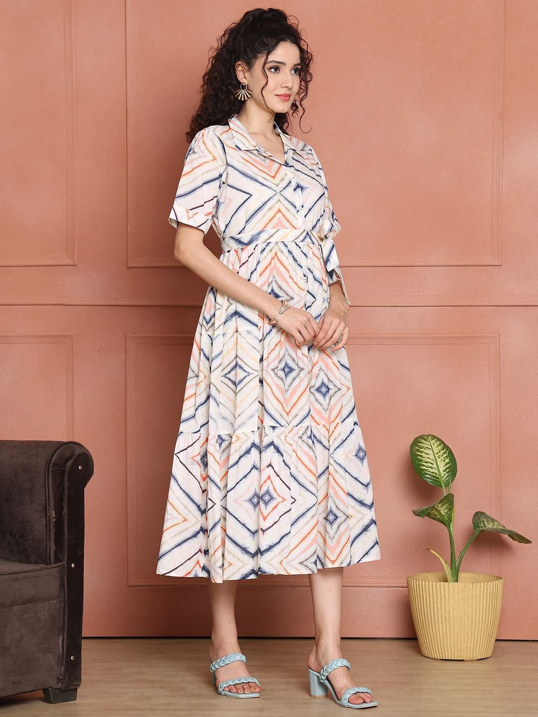 Women's Cotton Printed A-Line Midi Dress | Short Sleeve Flared Gown Dress (White) - Image 3