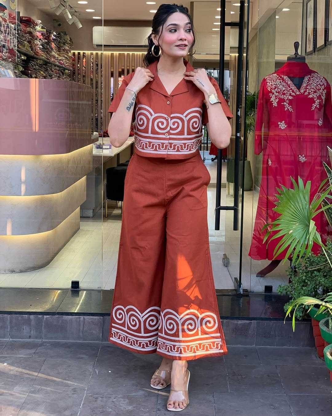 Women's Cotton Embroidered Crop top Co-Ord Set Coordinate Set Summer Wear Printed Crop Top with Pant Set